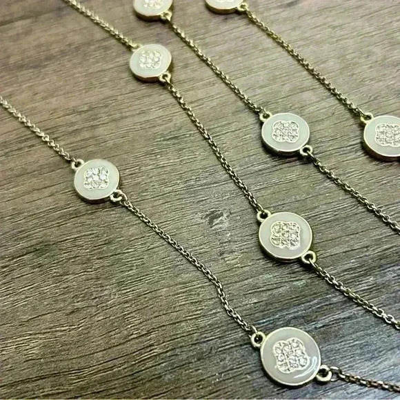Silver and Gold Tone Long Necklace with Round Crystal Studded Enamel Link Beads - Picture 2 of 2